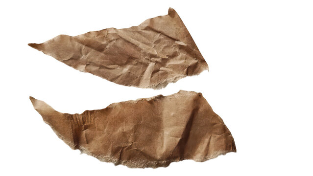 Two torn brown crumpled paper pieces isolated on transparent background
