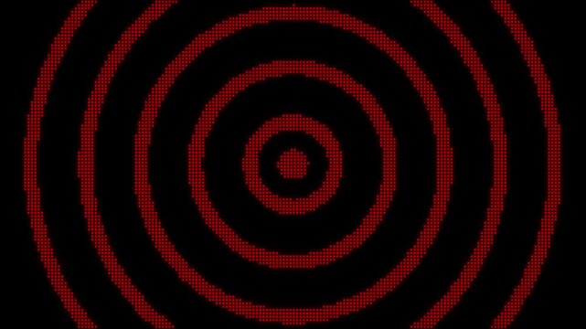 Red concentric circles pulsing motion background, abstract digital led pixel pattern pulse