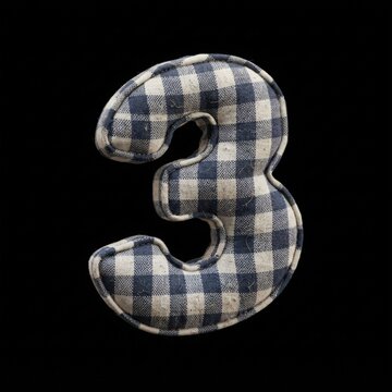 Close-up of a three-dimensional number three with a checkered fabric texture, shot against a black backdrop using studio lighting for a bold contrast effect.