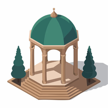 An isometric illustration depicts a classical stone gazebo with a green dome and two.
