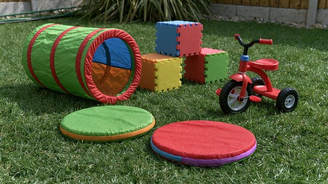 Backyard play station with soft tunnel, foam blocks, balance pads, and tricycle arranged in sequence