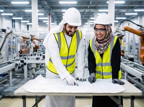 Arab Engineers Reviewing Industrial Blueprints in Modern Factory