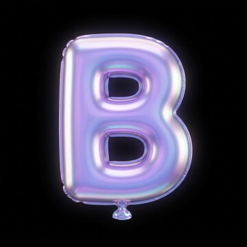 Close-up of a reflective, iridescent purple letter B balloon with gradient sheen, shot against black backdrop using studio lighting for vibrant contrast.