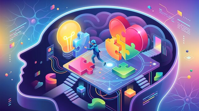 Isometric illustration of person building emotional intelligence puzzle conceptual