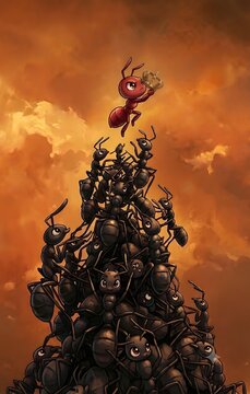 Cute red ant holding a golden crown on top of a mountain of black ants
