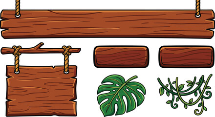 Fototapeta premium Wooden Signboard Collection with Rustic Planks Hanging Boards and Tropical Leaf Decorations Vector Illustration