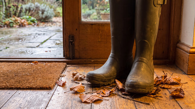 Rubber boots standing inside a doorway on wooden floor, autumn leaves scattering, capturing a rainy weather transition