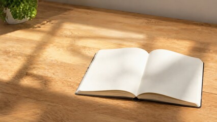 Fototapeta premium Realistic Generative AI image of an open notebook on a clean wooden desk with natural sunlight and soft shadows, featuring a minimalist workspace and spacious copy space.