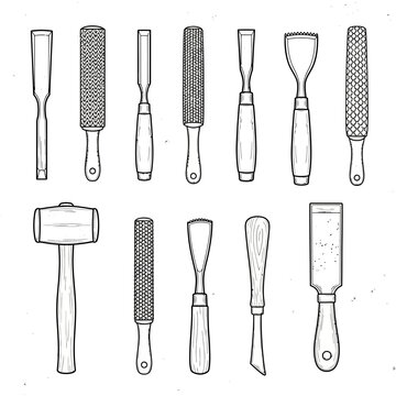 Woodworking Tools Collection: Chisels, Mallet, and Rasps - Hand-drawn Illustration