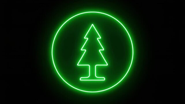 Green neon Christmas tree icon glowing in circles during festive holiday season