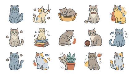 Colorful Illustrated Cats in Various Poses and Activities. © fiki