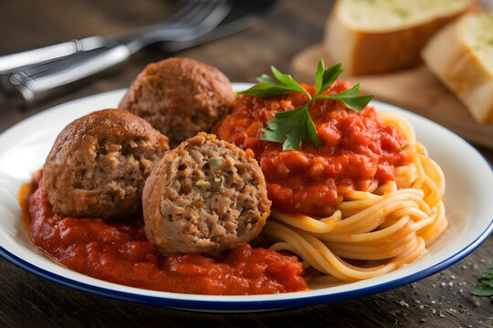 Plato de espaguetis con alb&oacute;ndigas de carne jugosas en salsa de tomate casera y perejil fresco