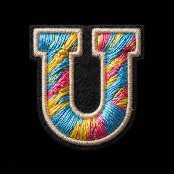 Close-up of embroidered letter U patch with multicolored threads on dark fabric, showcasing vibrant stitching and clean edges under even studio lighting. Ideal for textile design inspiration.