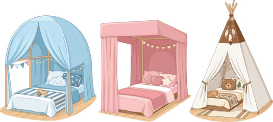 Cute Children Bedroom Tent and Canopy Bed Vector Illustration Set Featuring Blue Dome Canopy Pink Four Poster Bed and Boho Teepee Tent Designs © Md