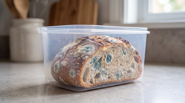 Moldy bread growing green fungus inside a clear plastic container, showing food spoilage and waste in a kitchen