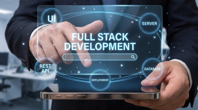 A professional businessman interacting with a futuristic holographic image showing full stack development text on a transparent digital tablet screen display