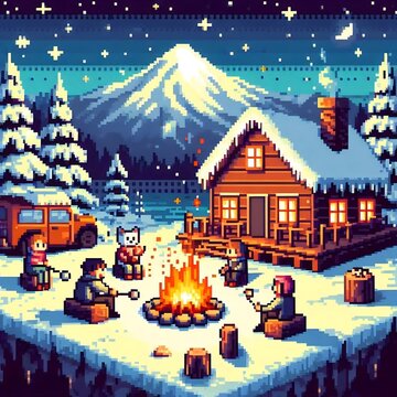 Pixel art winter camping scene around campfire near cozy wooden cabin in snow