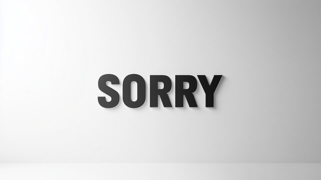 Clean white background minimalist sorry text typography apology message design with three dimensional black uppercase text spelling SORRY against seamless