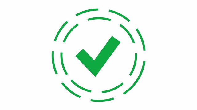 Green checkmark outline icon with concentric dash rings and radial lines cartoon animation for task completion sign and approved symbol in an alpha channel.