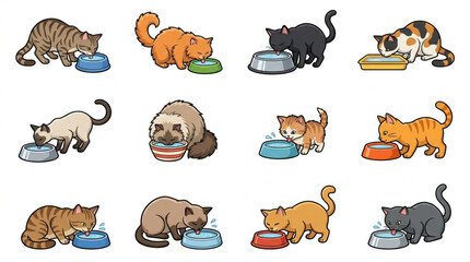 Colorful cartoon cats eating from bowls and plates. © fiki