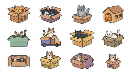 Playful Cats in Cardboard Boxes and Dog House Illustration. © fiki