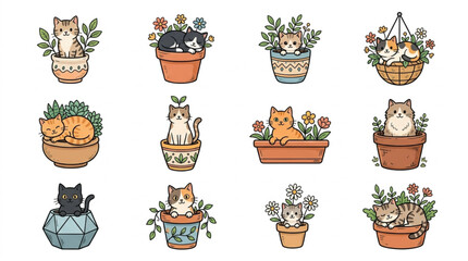 Cute Cats Relaxing in Decorative Flower Pots. © fiki