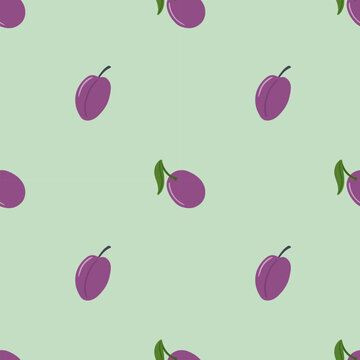 Plum seamless pattern. Minimal seamless plum pattern with whole purple plums and green leaves on a soft pastel background