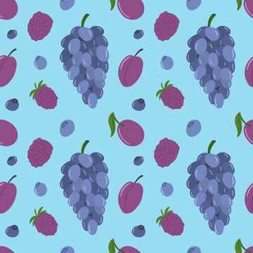 Berry seamless pattern. Seamless berry pattern with grapes, raspberries, blueberries and plums on a blue background