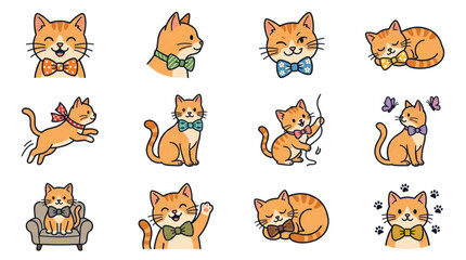 Playful cartoon cats in various poses and outfits.