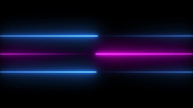Glowing neon blue and purple triple text divider parallel lines loop, elegant futuristic cyber horizontal break symbol with light beam emblem, isolated digital graphic asset on black background 4k.