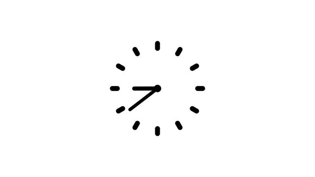 Black analog clock face horizontal layout loop, elegant time indicator icon with modern hour dial symbol, isolated graphic asset on white background 4k.