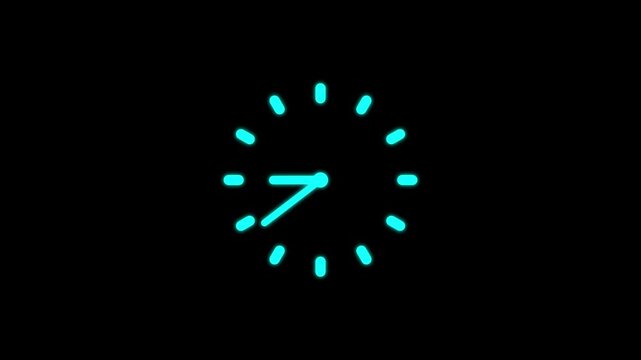 Glowing neon cyan analog clock face horizontal layout loop, elegant light blue time indicator icon with modern hour dial symbol, isolated digital graphic asset on black background 4k.