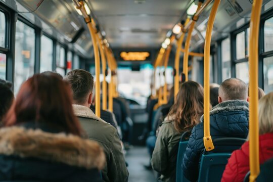 Commuters sitting on a city bus. Travel and public transport concept.