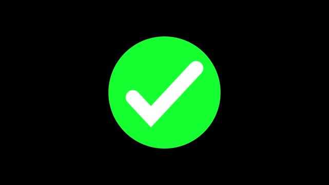 Green check mark button horizontal layout loop, elegant verification success icon with modern white tick symbol, isolated graphic asset on black background 4k.