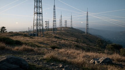 Obraz premium Communication towers connected by glowing lines across mountain valley