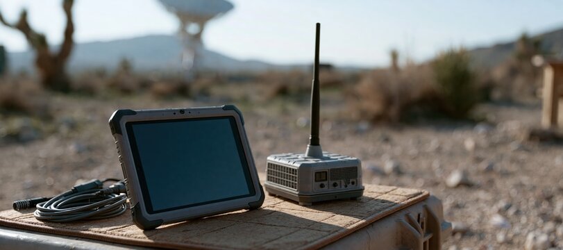 Rugged tablet and satellite receiver kit on outdoor work mat in remote landscape
