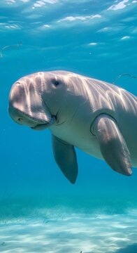 Close up portrait of a dugong swimming in blue water