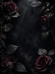 Obraz premium Dramatic Dark Rose Frame with God Rays, Red Thorns, and Misty Black Background