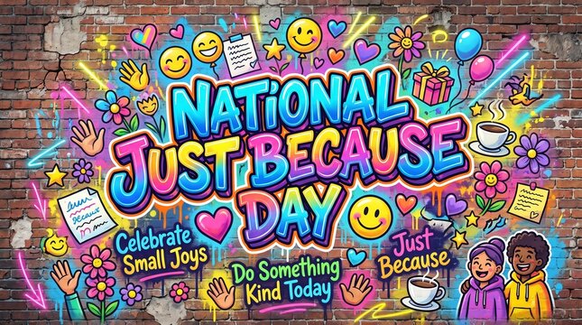 National Just Because Day Graffiti Design with Colorful Street Art Lettering for Holiday Celebration Poster