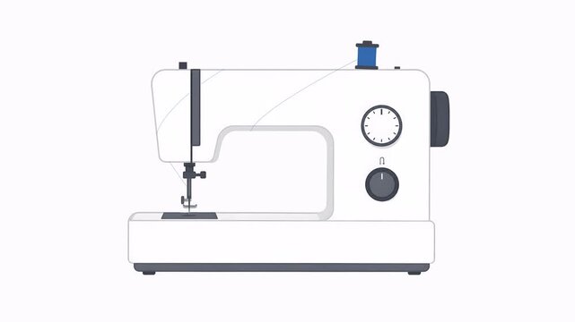 Modern sewing machine working with blue thread spool loop animation, Tailoring and fashion design concept with white automatic sewing machine animation video.