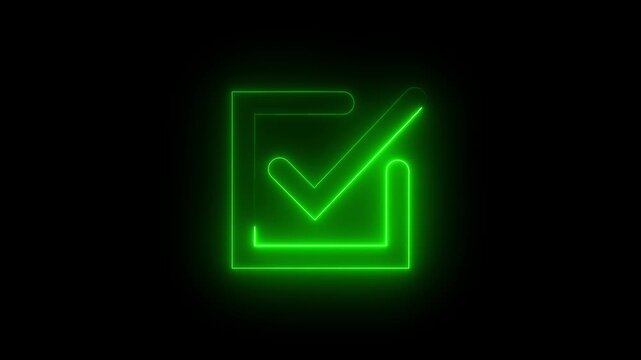 Glowing neon checkmark inside a square animation on a black background