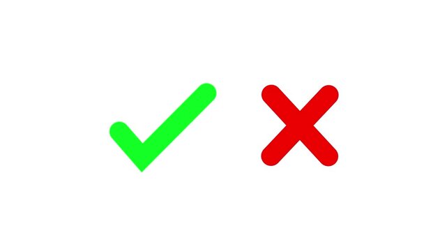 Tick and cross set, positive and negative result signs red green 4k video animation. green tick OK and red X cross. YES and NO. on alpha transparent background.