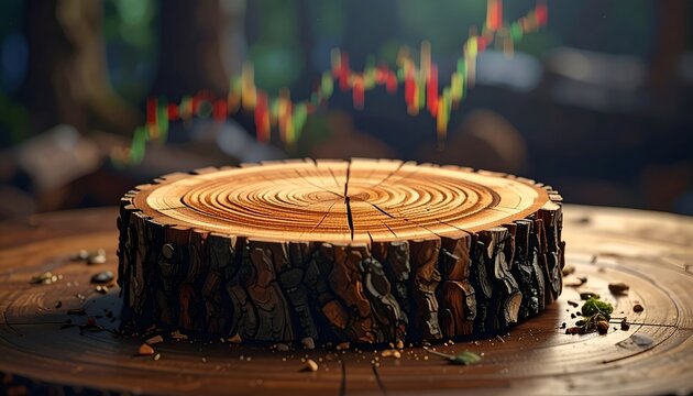 A textured tree stump cross section showing age growth rings with financial candlestick charts in background