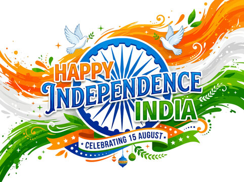 Happy Independence India - August 15th Celebration with Tricolor Waves and Doves