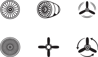 Plane turbine linear icon set featuring jet engines, aeroengine parts, propellers, and aircraft equipment. © MdNazmul