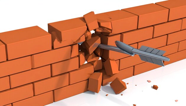 A heavy hammer chisel smashing through a red brick wall creating flying debris and breaking barriers