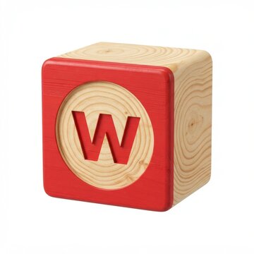A close-up studio shot of a red wooden cube featuring a carved wooden letter W in the center, showcasing clean lines and natural wood grain.