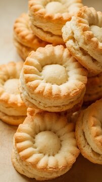 Pila de galletas de mantequilla artesanales con forma de flor reci&eacute;n horneadas