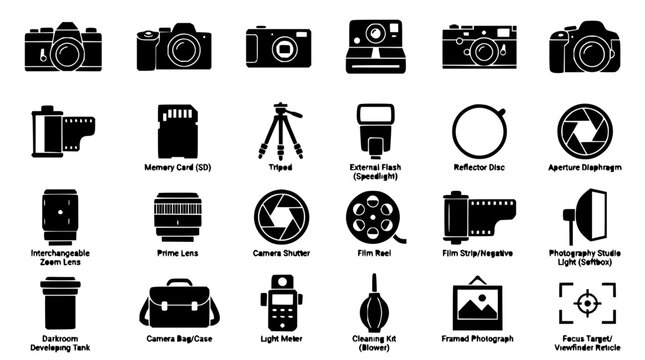 Camera photography icons grid featuring vintage film camera, digital SLR, smartphone, lens, and tripod with retro and modern styles