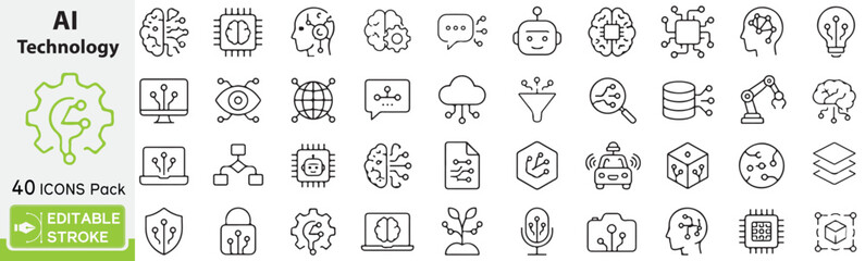 Fototapeta premium AI Technology Outline Icons Set-40 Modern Artificial Intelligence, Machine Learning, Neural Network, Robotics & Automation Line Symbols Collection